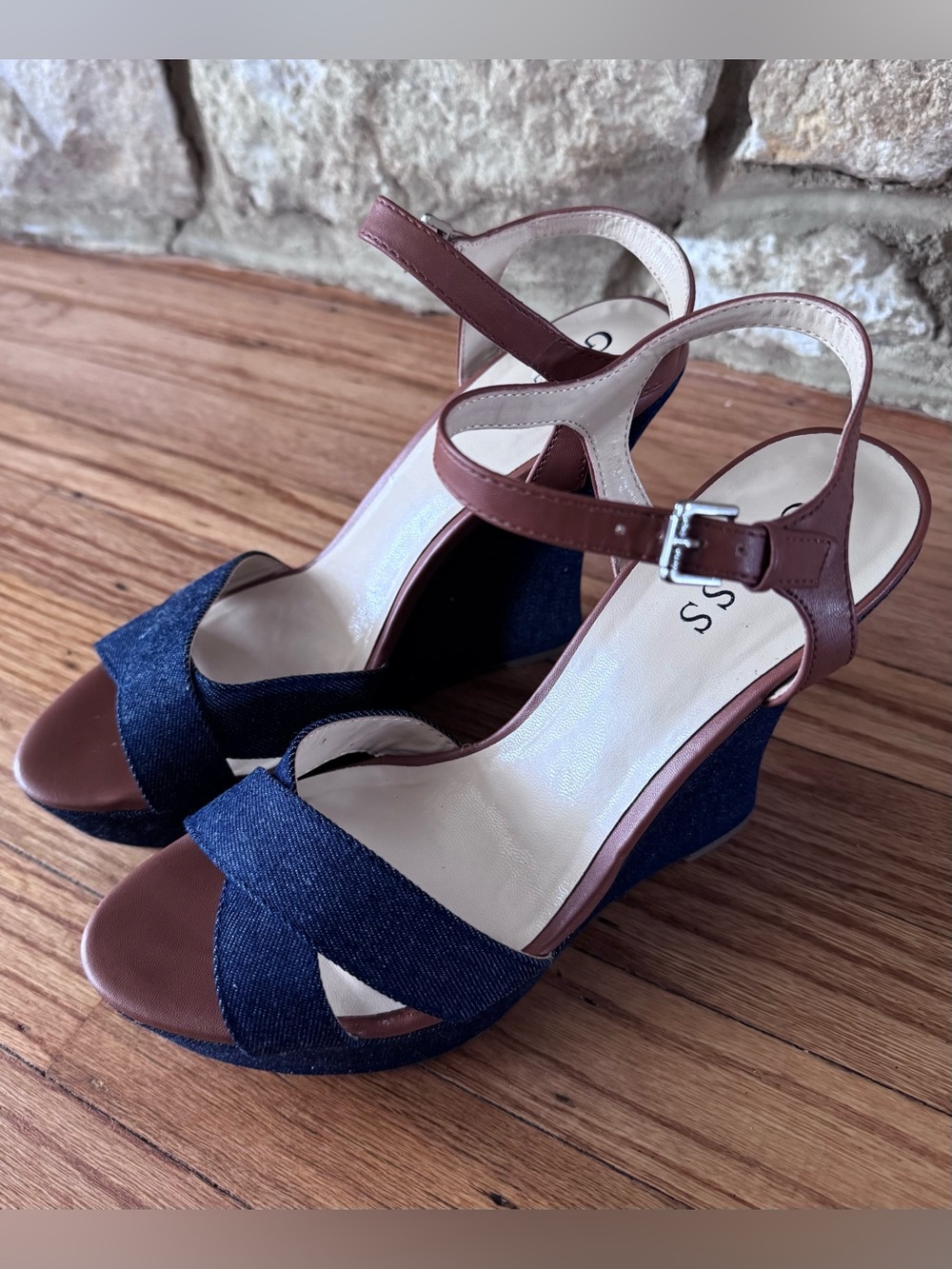 Guess Denim Wedge Sandals Size 8.5 | 5” Heel | Blue Denim & Brown Leather